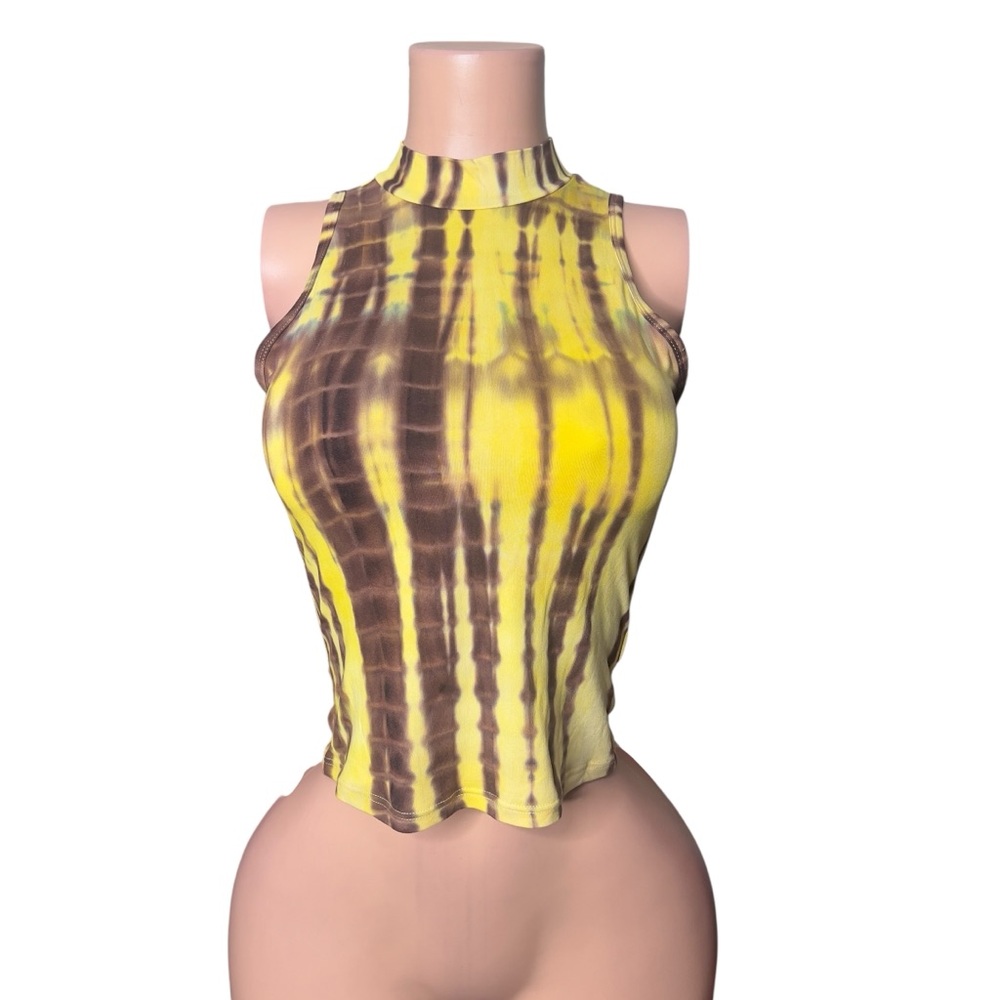 219/Yellow and Brown Tie-Dye Sleeveless Top